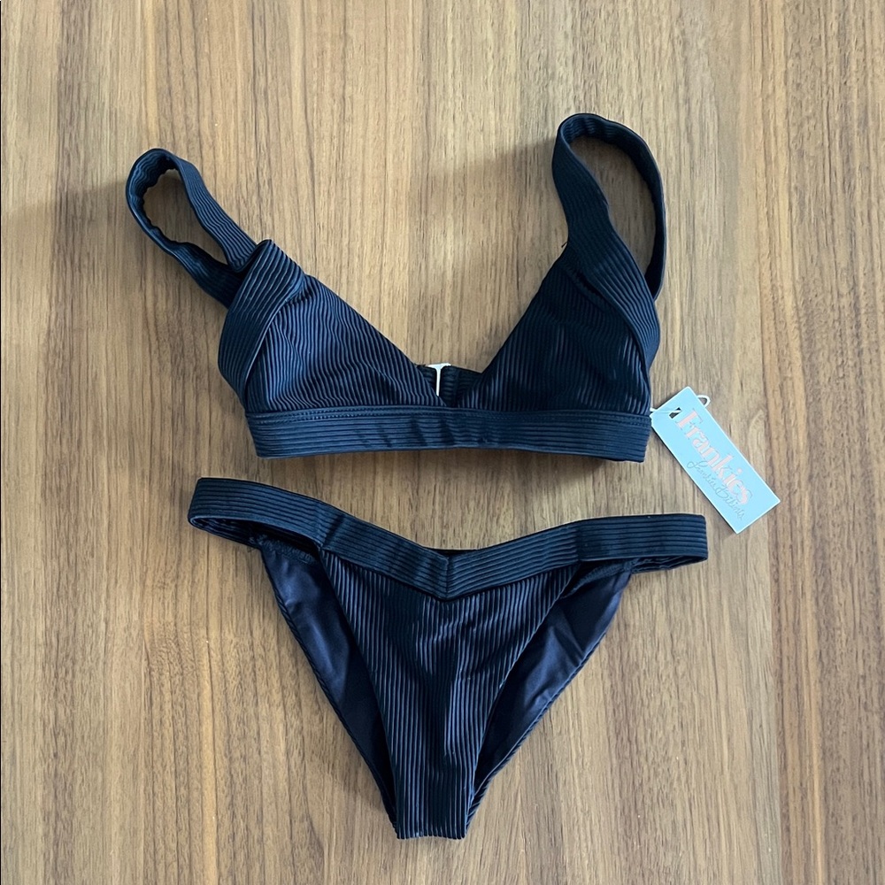 Frankie's Bikinis Black Ribbed Triangle Bikini Set